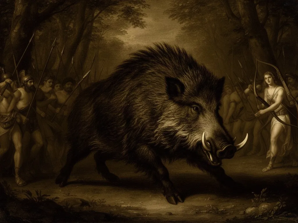 ภาพวาดอสูร หมูป่าแห่งคาลิดอน (Calydonian Boar) ในหมวดสัตว์ร้ายแห่งวีรกรรมและวีรบุรุษ — การล่าที่คาลิดอนของเมเลเอเกอร์