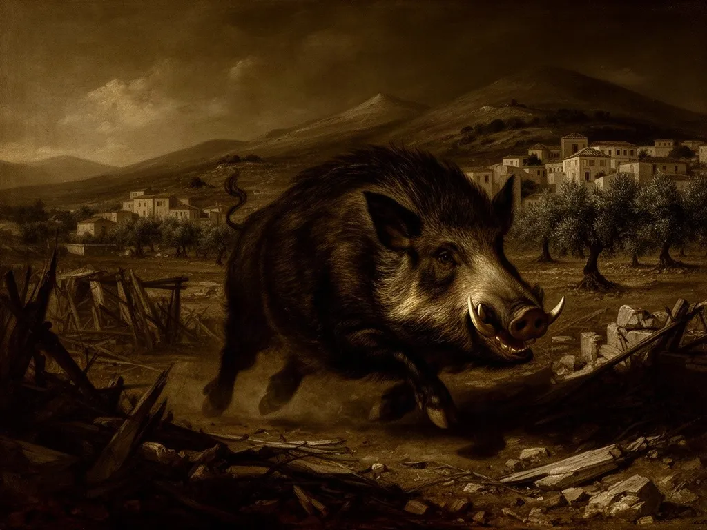 ภาพวาดอสูร หมูแม่พันธุ์แห่งครอมมีออน (Crommyonian Sow) ในหมวดลูกหลานของเอคิดนา — วีรกรรมของเธซีอุส