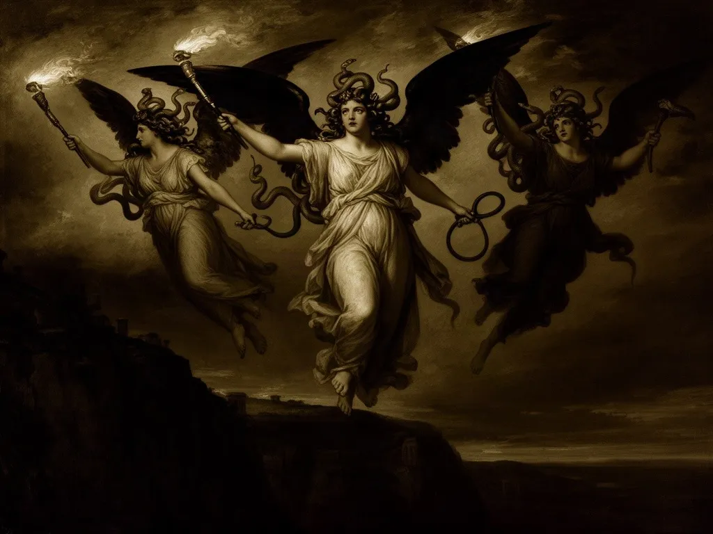 ภาพวาดอสูร อีรินีส (เทพีแห่งความแค้น) (Erinyes (Furies)) ในหมวดปีศาจแห่งโลกใต้ดินและราตรี — ตำนานของโอเรสเตสและโศกนาฏกรรมครอบครัวอะทรีอัส