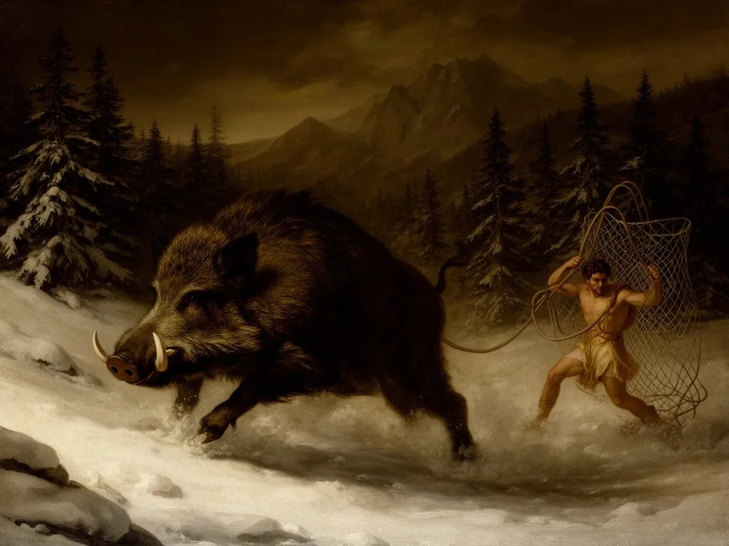 ภาพวาดอสูร หมูป่าแห่งเอรีมันทอส (Erymanthian Boar) ในหมวดสัตว์ร้ายแห่งวีรกรรมและวีรบุรุษ — ภารกิจที่ 4 ของเฮราคลีส