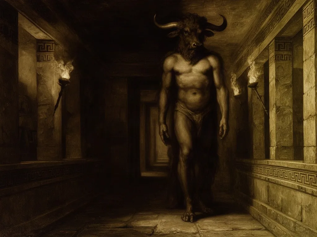 ภาพวาดอสูร มิโนทอร์ (Minotaur) ในหมวดสัตว์ผสมและมนุษย์กึ่งสัตว์ — ตำนานของกษัตริย์มินอสและเธซีอุส