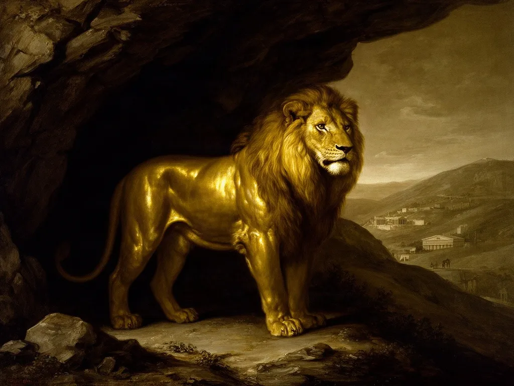 ภาพวาดอสูร สิงโตแห่งนีเมีย (Nemean Lion) ในหมวดลูกหลานของเอคิดนา — ภารกิจที่ 1 ของเฮราคลีส