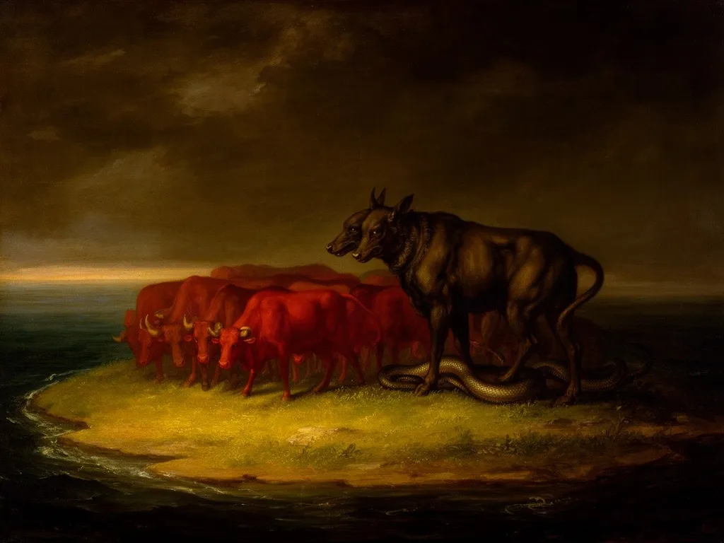 ภาพวาดอสูร ออร์ธรัส (Orthrus) ในหมวดลูกหลานของเอคิดนา — ภารกิจที่ 10 ของเฮราคลีส