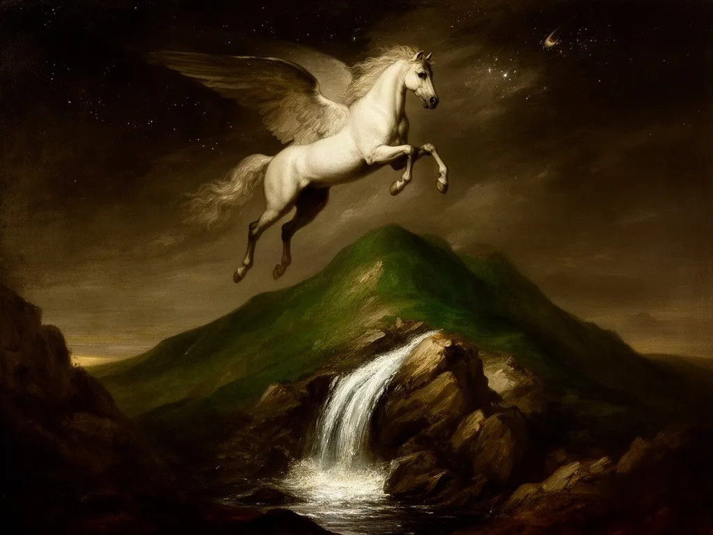 ภาพวาดอสูร เพกาซัส (Pegasus) ในหมวดกอร์กอนและเครือญาติ — ลูกของเมดูซาและวีรกรรมของเบลเลอโรฟอน
