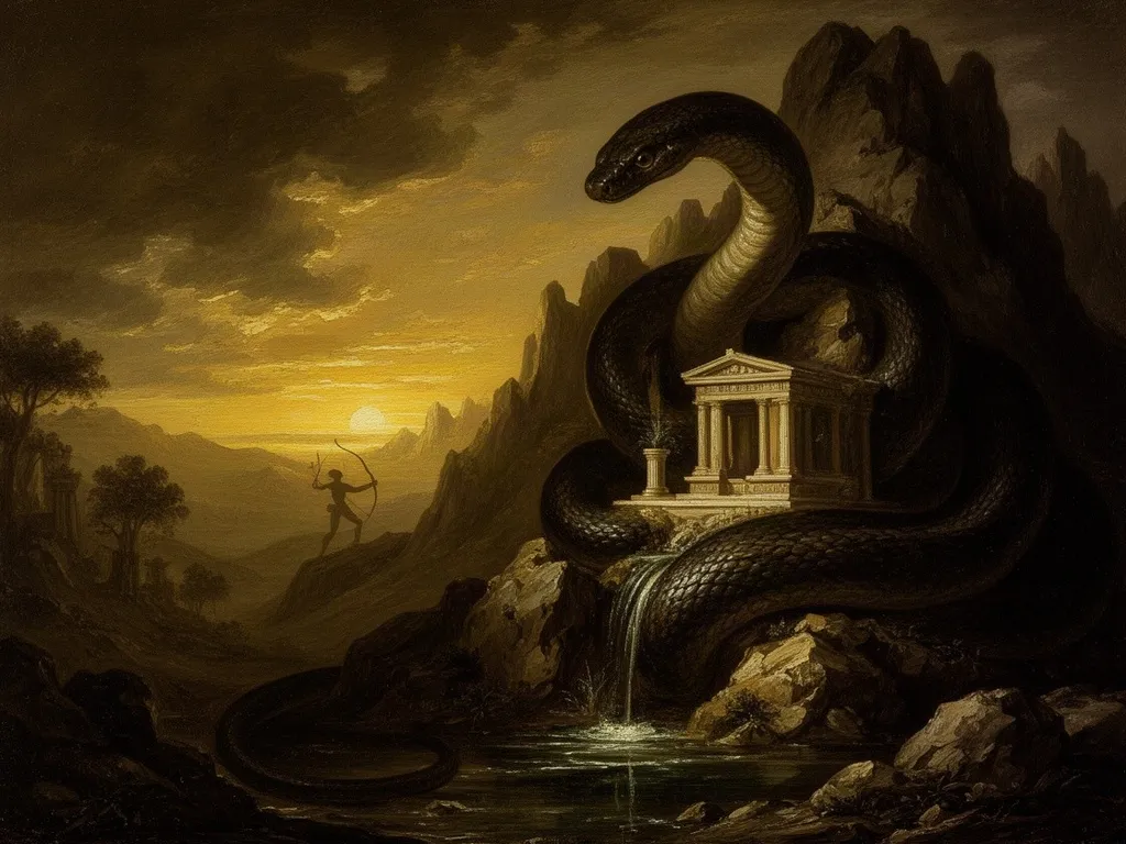 ภาพวาดอสูร ไพธอน (Python) ในหมวดยุคก่อนเทพโอลิมปัส — ก่อนการก่อตั้งเดลฟี