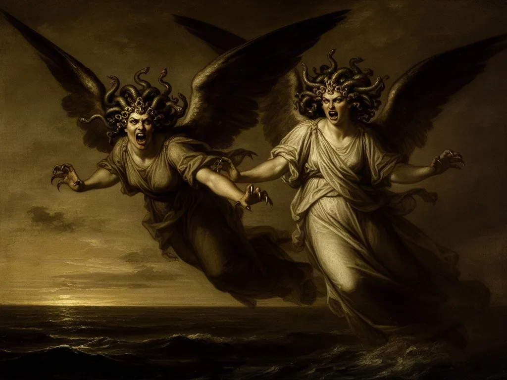ภาพวาดอสูร สเธโนและยูริอาลี (Stheno and Euryale) ในหมวดกอร์กอนและเครือญาติ — วีรกรรมของเพอร์ซีอุส