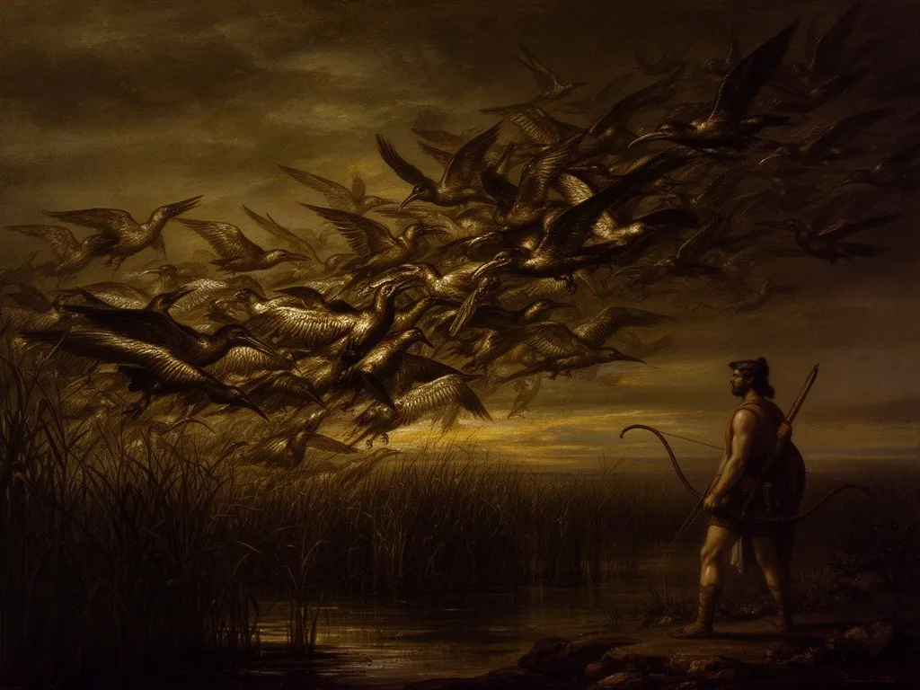 ภาพวาดอสูร นกแห่งสติมฟาลัส (Stymphalian Birds) ในหมวดสัตว์ร้ายแห่งวีรกรรมและวีรบุรุษ — ภารกิจที่ 6 ของเฮราคลีส
